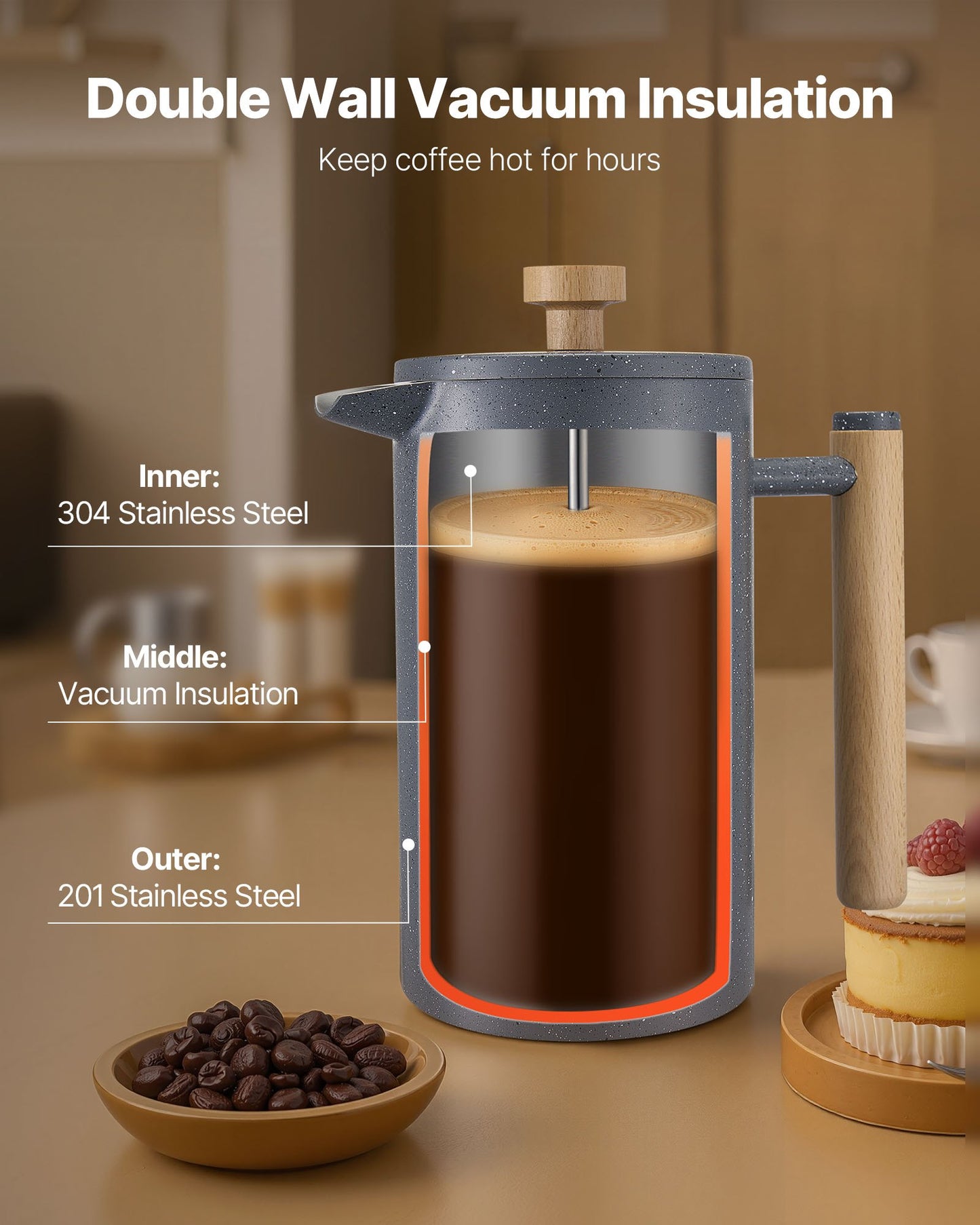 French press double wall vacuum insulation diagram - keeps coffee hot for hours