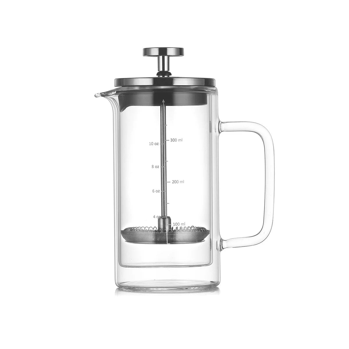 A clear glass French press with a transparent handle, black metal lid, stainless steel plunger, and printed measurement markings on the side, shown on a solid white background.