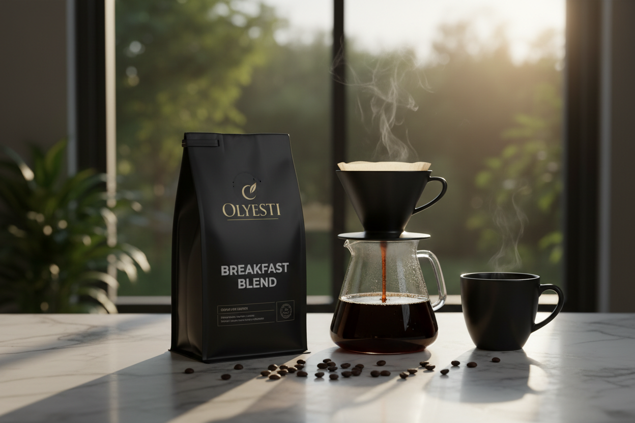 OLYESTI Breakfast Blend coffee bag on a marble counter with a steaming pour-over brewer and scattered roasted beans in warm morning light.