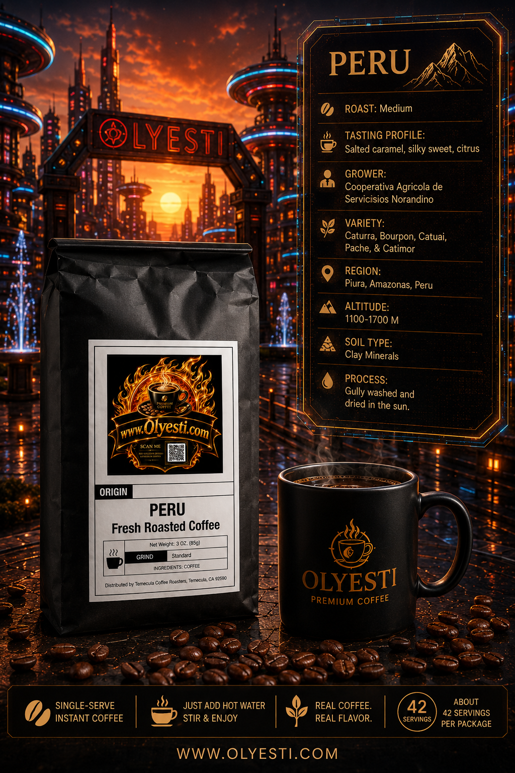 Promotional coffee product graphic for Olyesti Peru fresh roasted coffee, showing a black coffee bag with a white and gold label, a black coffee mug with Olyesti branding, and a detailed map-style panel with coffee origin facts. The scene is set against a stylized city skyline at sunset with coffee beans scattered in the foreground.