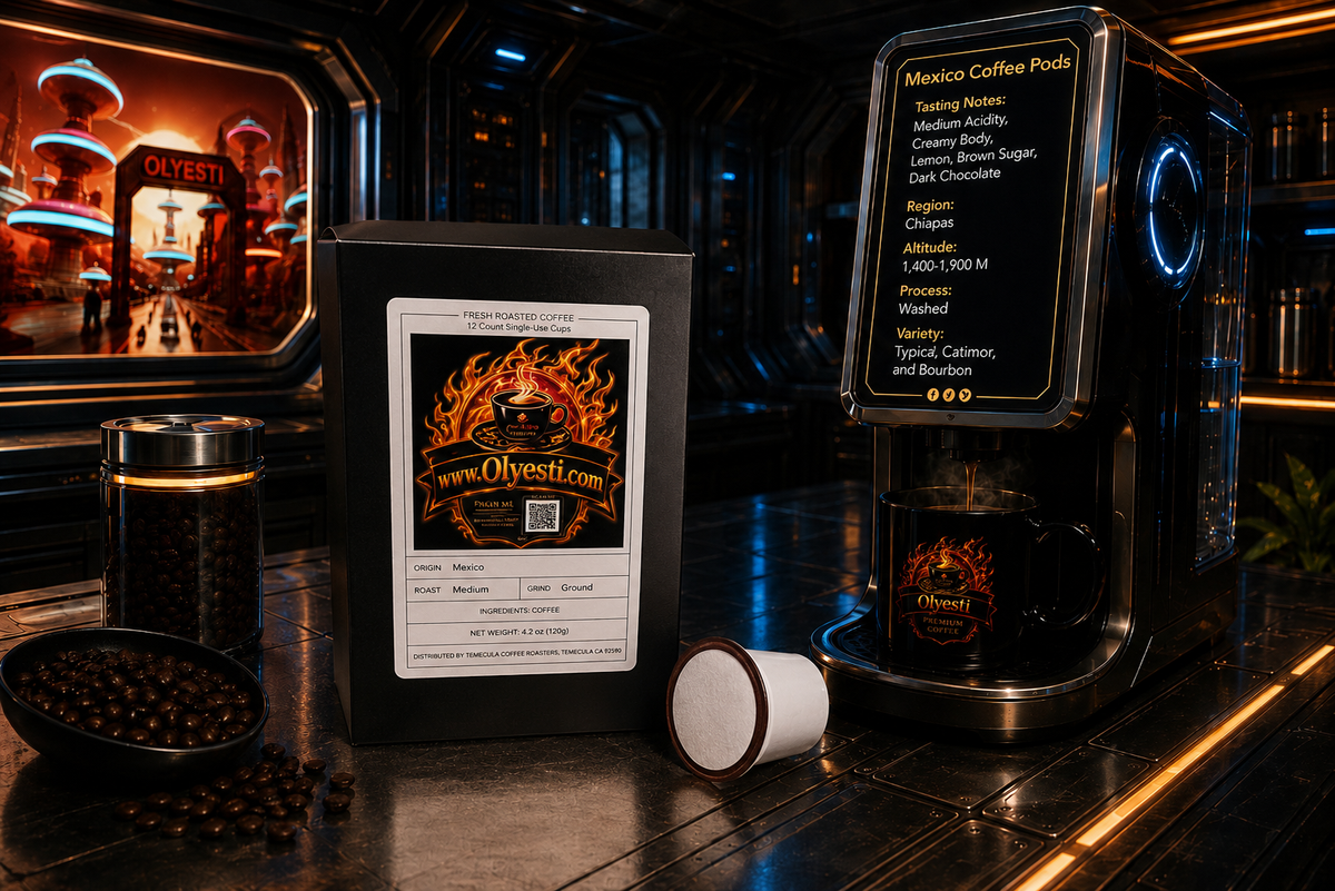 A sleek black coffee machine labeled 'Mexico Coffee Pods' stands on a dark countertop beside a branded package and a loose pod cap. The scene is styled in a futuristic bar-like environment with warm lighting and coffee beans scattered nearby.
