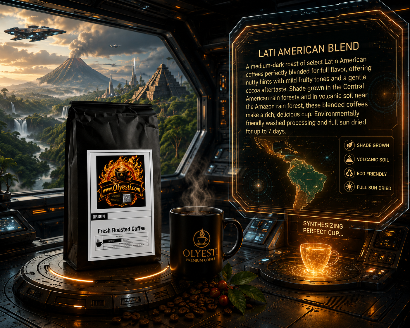A coffee product display inside a futuristic spaceship cockpit. A black bag of Oldest Coffee Roasters 'Fresh Roasted Coffee' stands on a console next to a black ceramic mug with the Oldest Coffee logo.