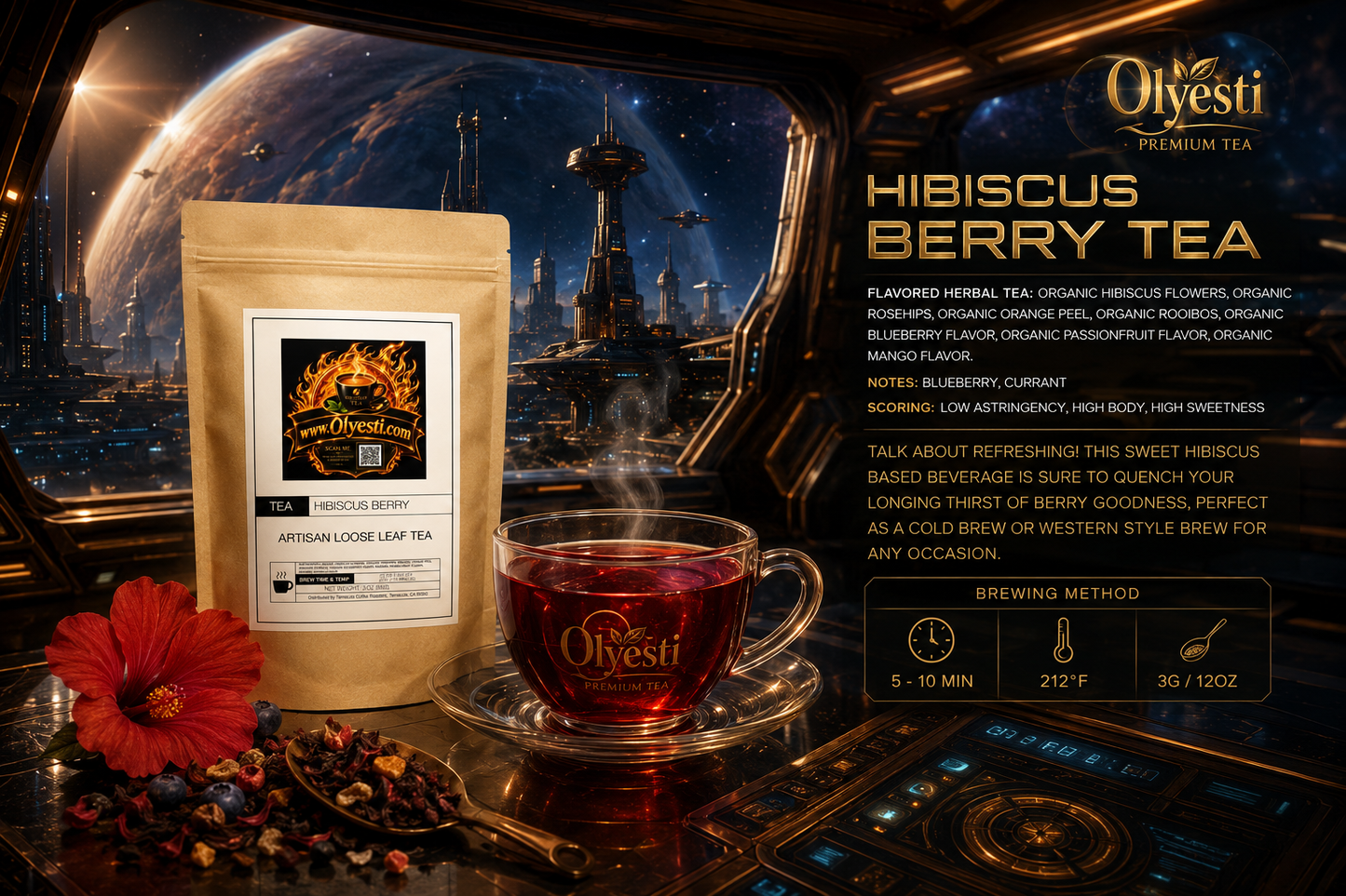 Olyesti Hibiscus Berry Tea artisan loose leaf tea bag with a steaming glass cup of deep red hibiscus tea, fresh hibiscus flower, and dried berries, with brewing instructions on a futuristic dark background