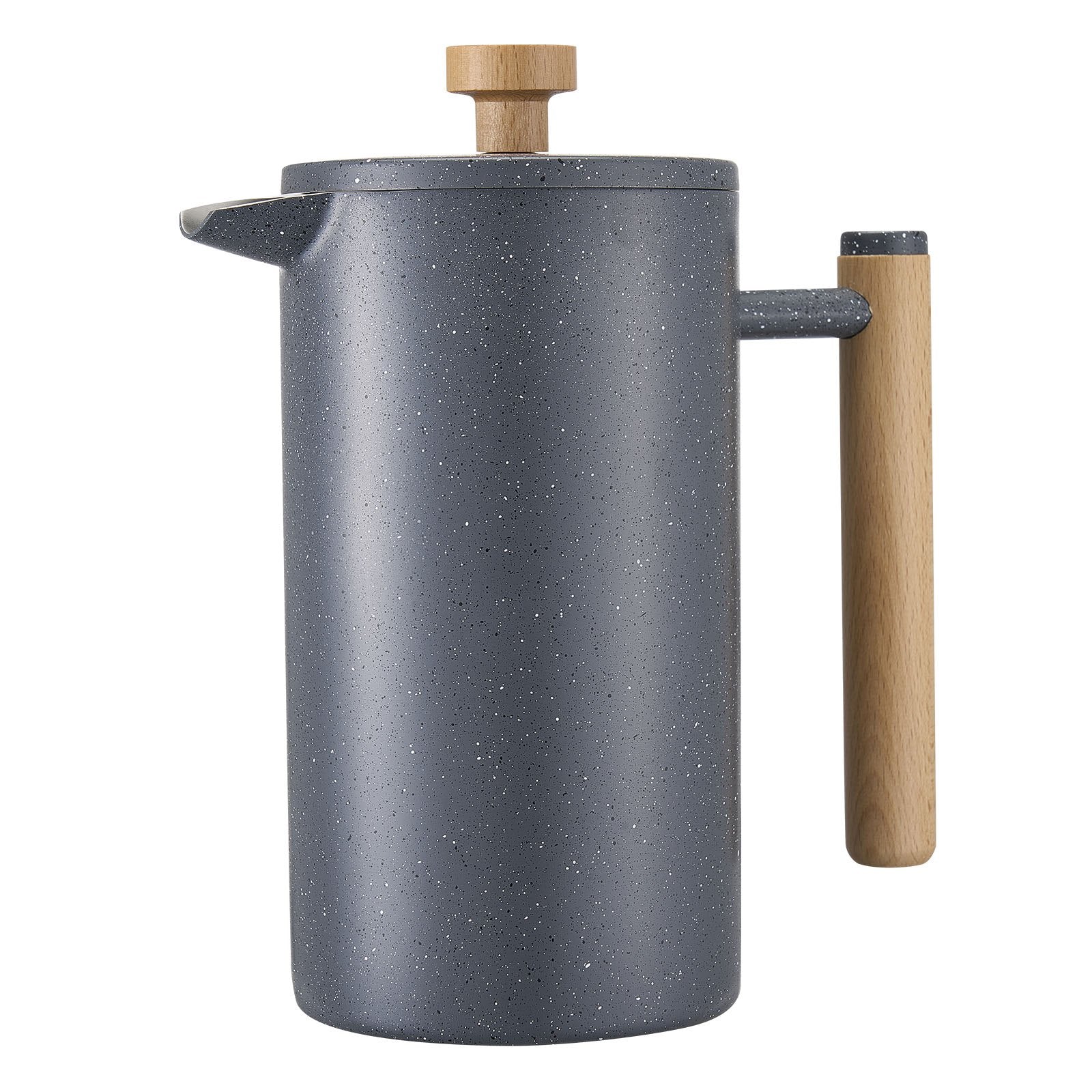 Stainless steel French press coffee maker 34oz gray speckle finish with wood handle