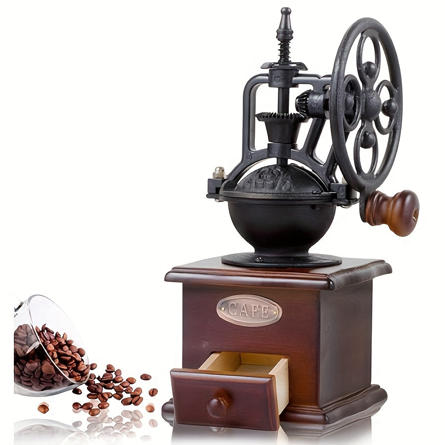 Vintage manual coffee grinder cast iron wheel wooden base with drawer