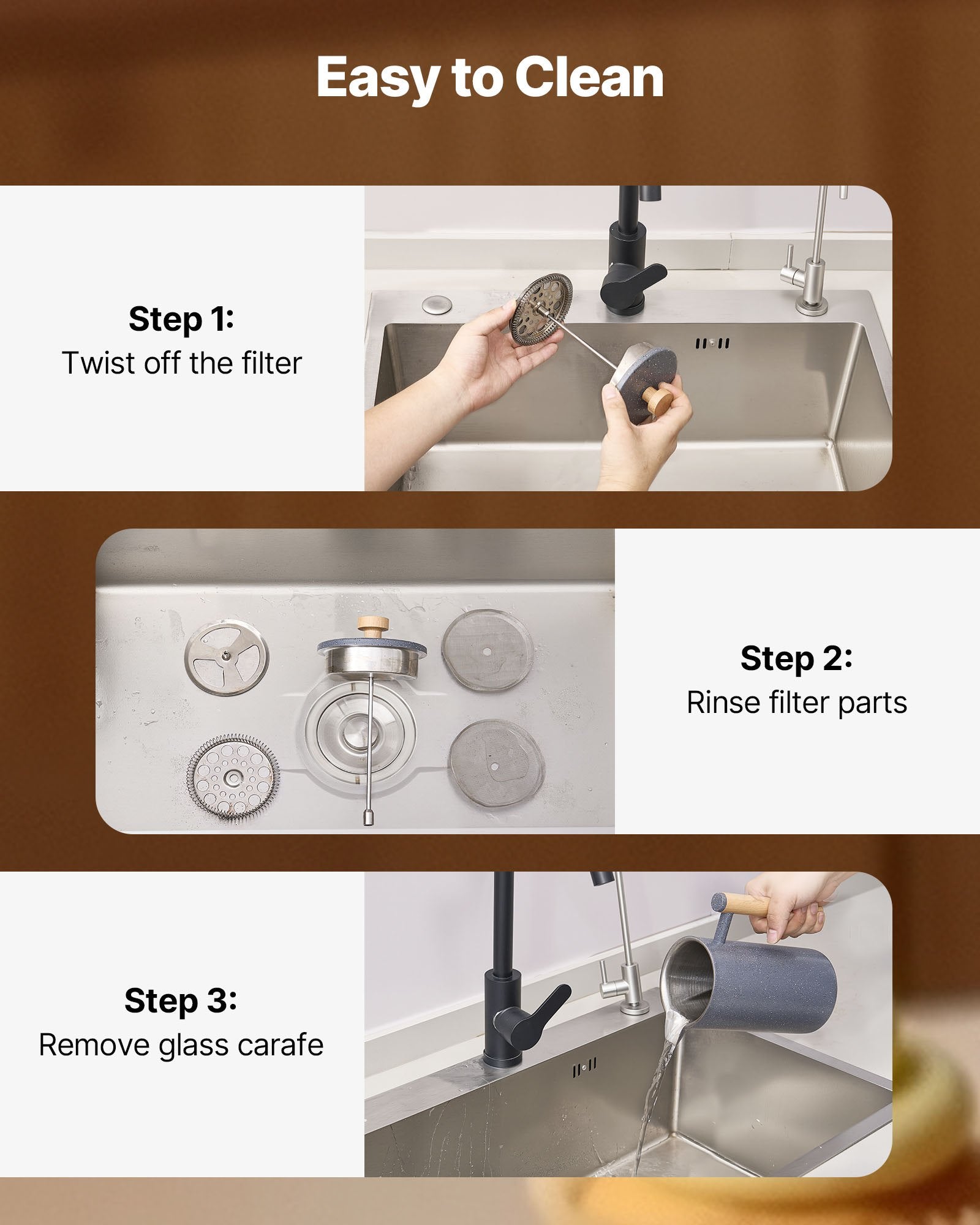 French press easy clean guide - twist off filter rinse parts remove carafe steps
