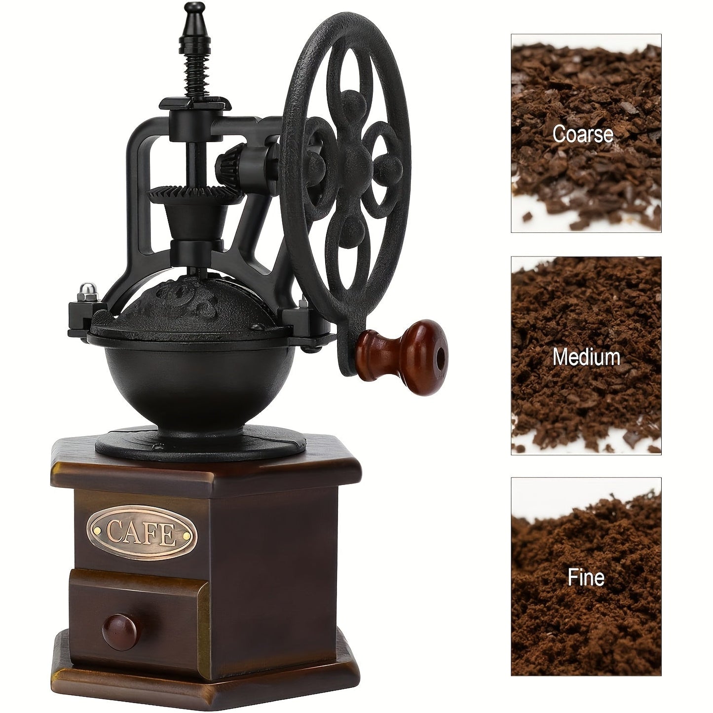 Vintage manual coffee grinder showing coarse medium and fine grind settings
