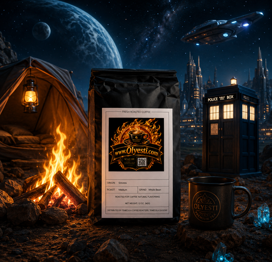 "OLYESTI S'mores Flavored Coffee bag displayed beside a glowing campfire, an OLYESTI mug, and a futuristic cityscape under a star-filled sky — medium roast, 12oz, whole bean."