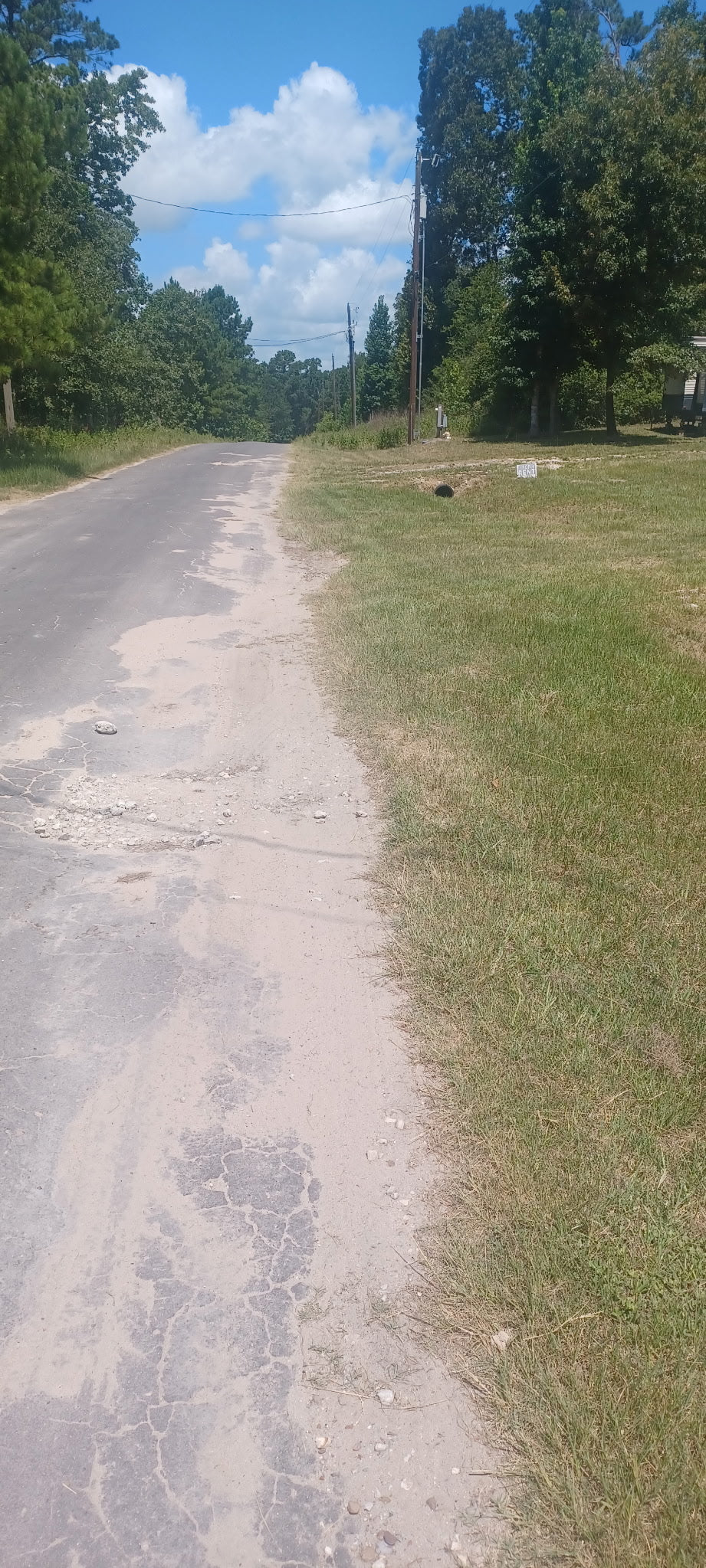 A rural paved road running through a grassy area with trees on both sides under a blue sky with white clouds.