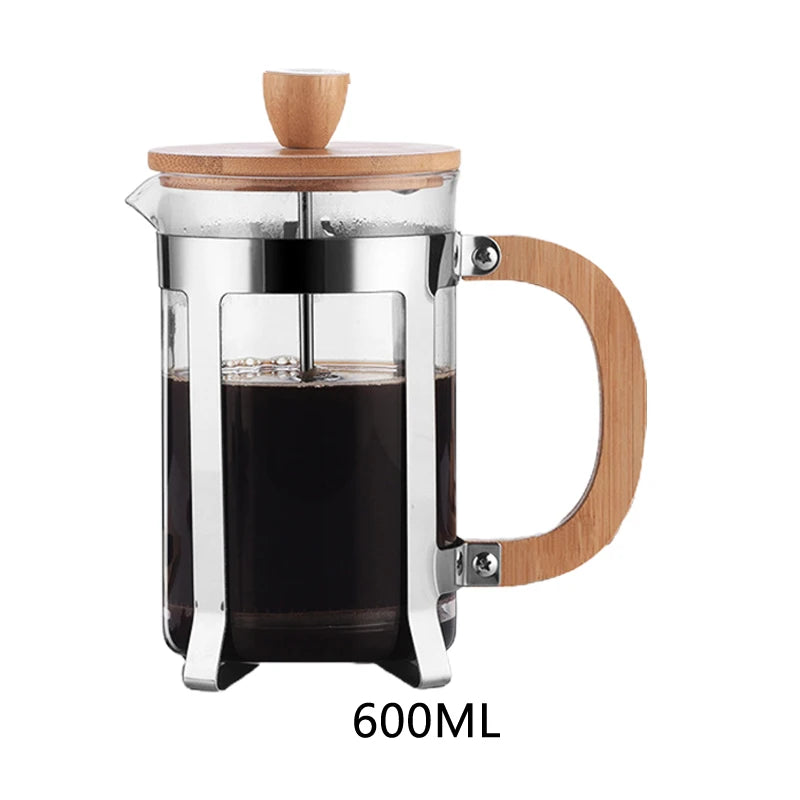 600ml French press coffee maker with wooden lid and handle on a white background