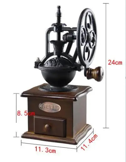 Vintage-style manual coffee grinder with dimensions indicated on a white background