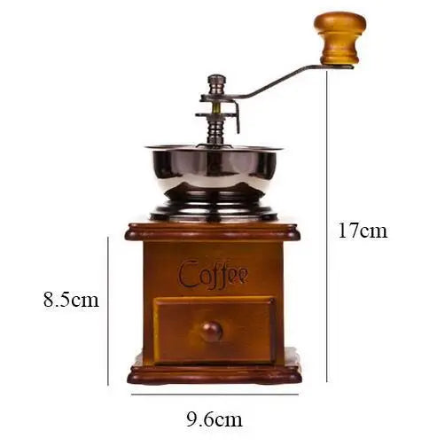 Wooden manual coffee grinder with dimensions labeled on a white background