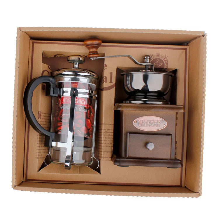 Coffee-making set with French press and grinder in a cardboard box