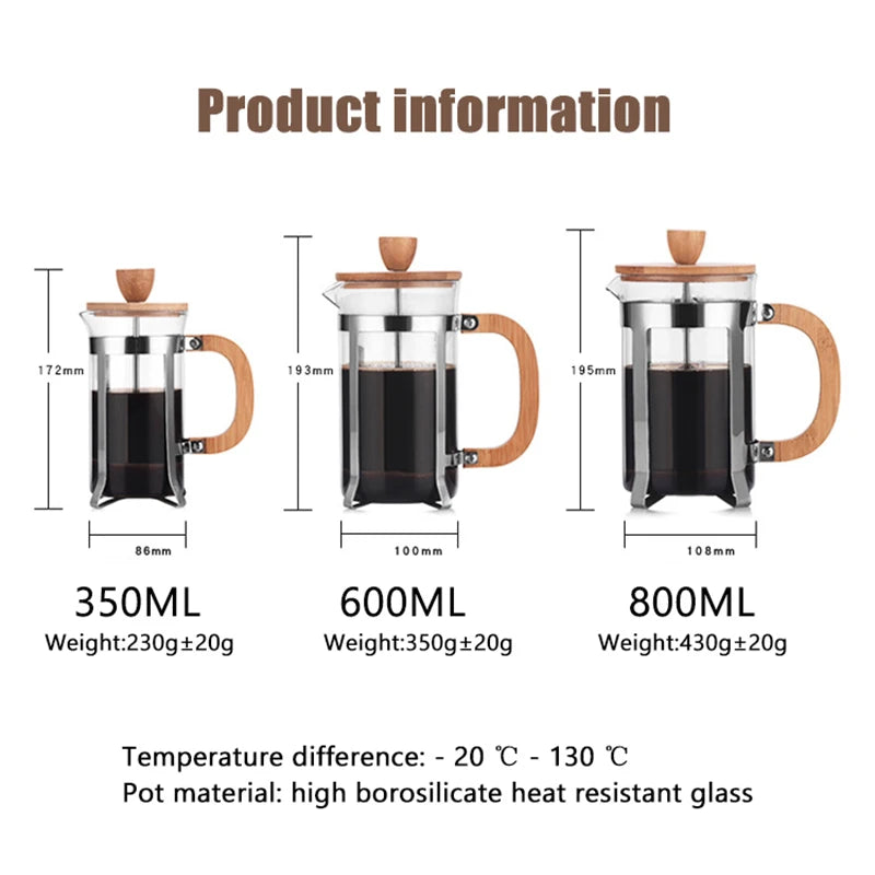 Three French press coffee makers with measurements and product information on a white background. 350 ml, 600 ml, 800ml