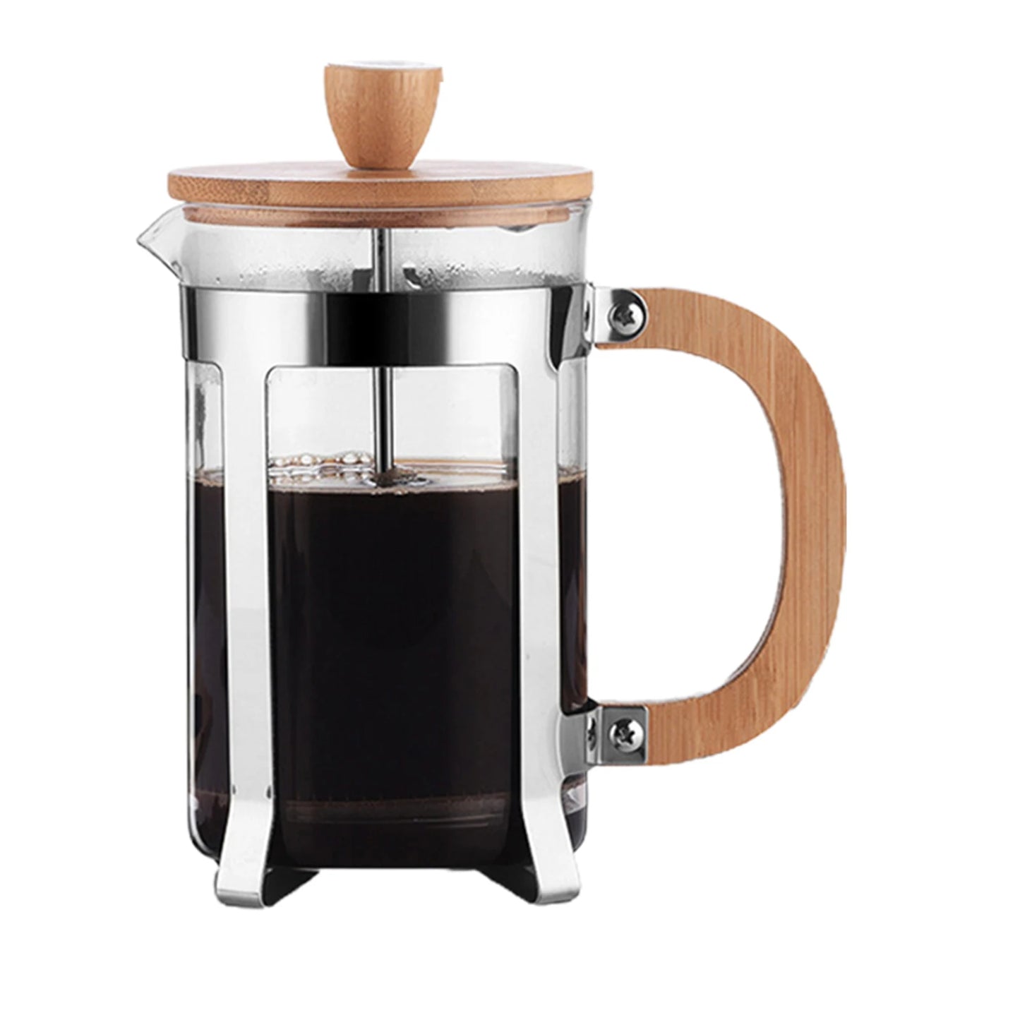 French press coffee maker with wooden lid and handle on a white background