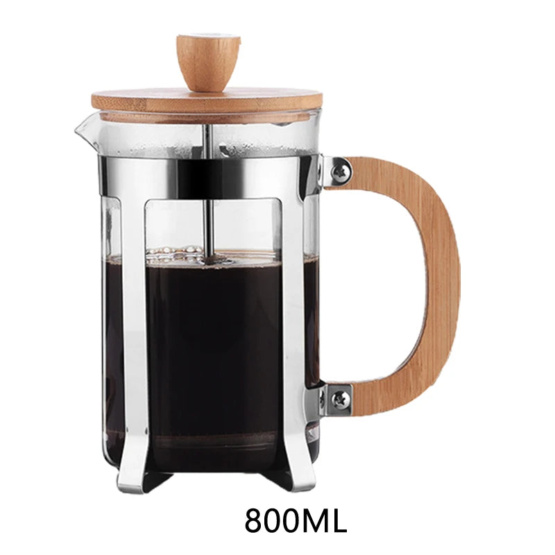 800 ml French press coffee maker with wooden lid and handle on a white background