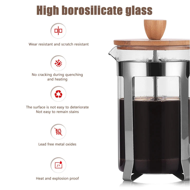 French press with wooden lid and glass body, featuring high borosilicate glass properties on a white background.