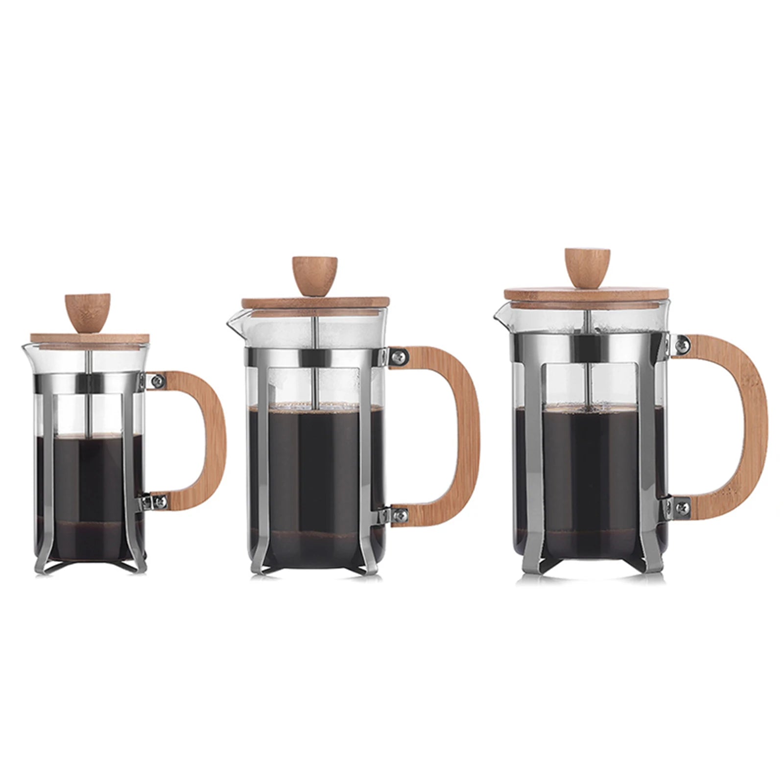 Three French press coffee makers with wooden handles and lids on a white background 