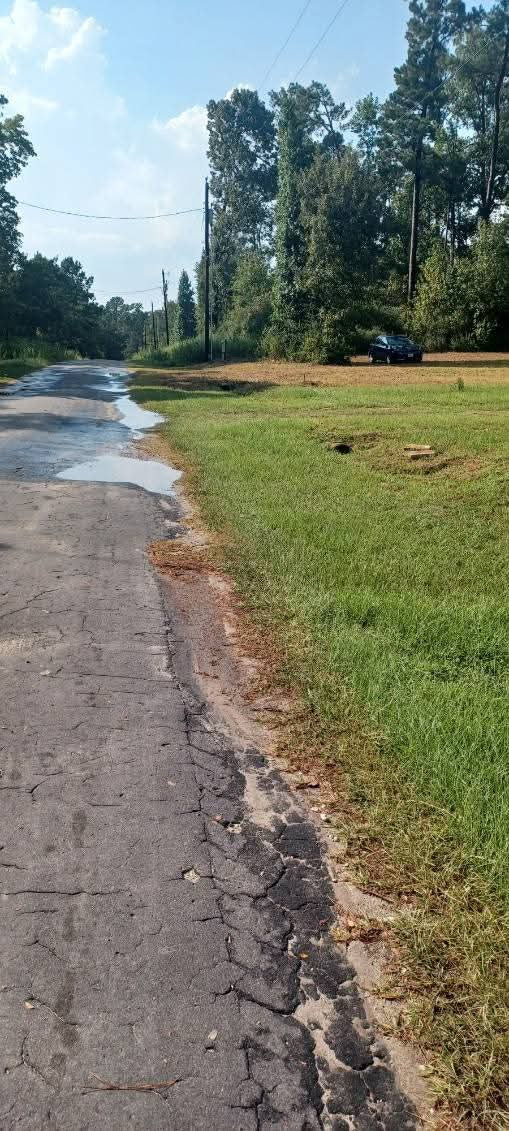 A cracked asphalt road running alongside a grassy field with trees in the background under a blue sky.