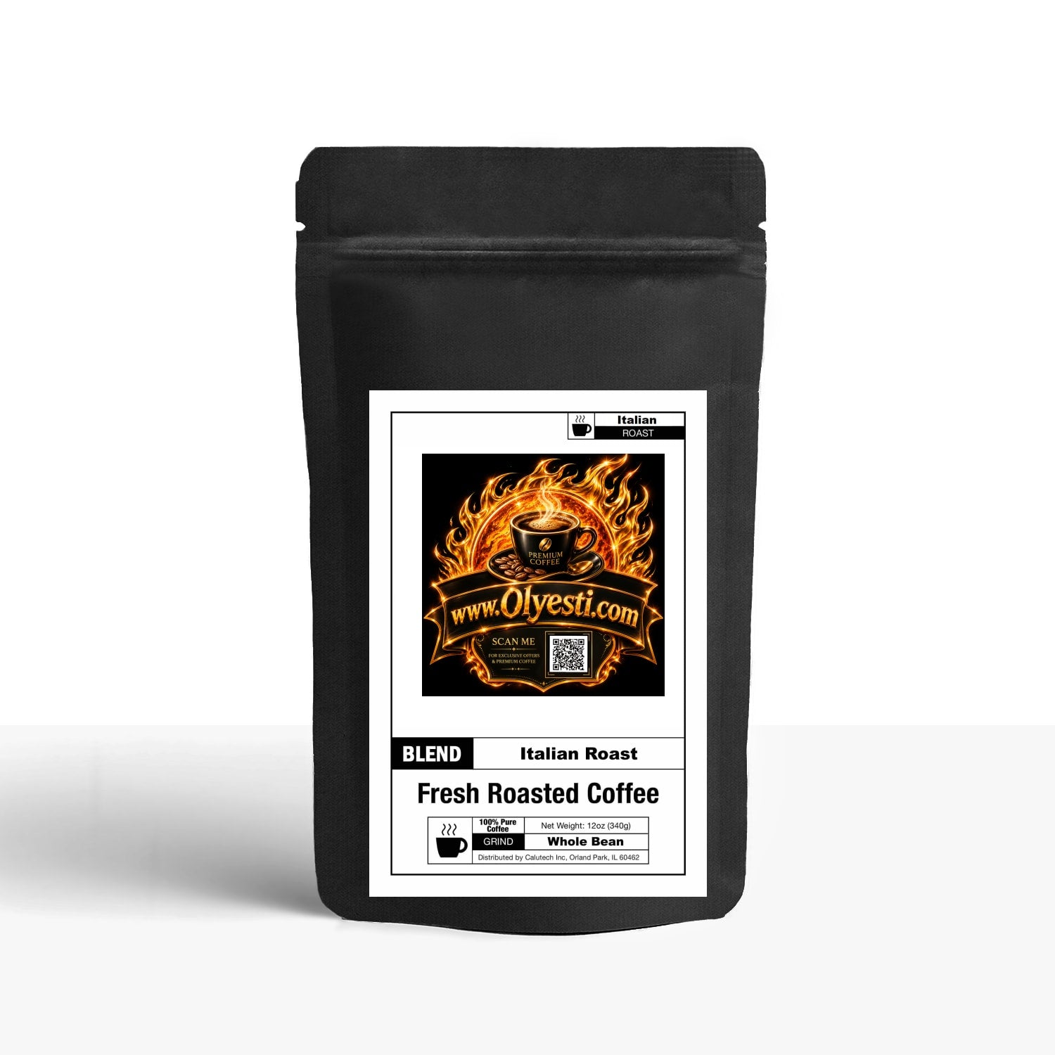 A black stand-up coffee bag with a white front label. The label features a fiery logo reading 'Olyestic.