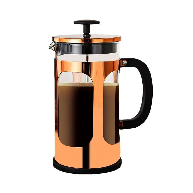 A copper-finished French press coffee maker with a black handle, black lid, and clear glass chamber containing dark coffee, shown on a plain white background.