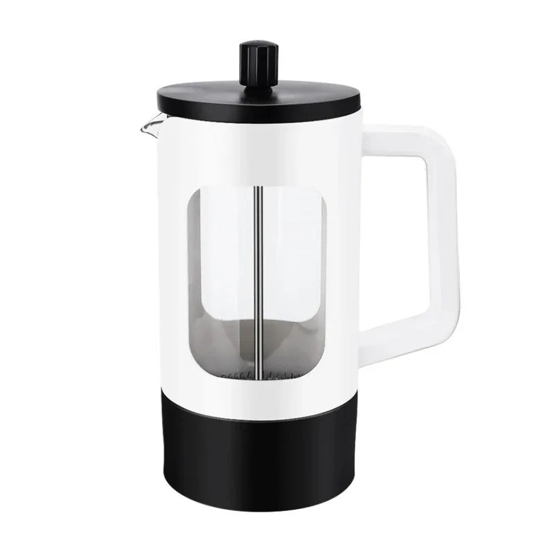 White French press coffee maker with black accents on a white background