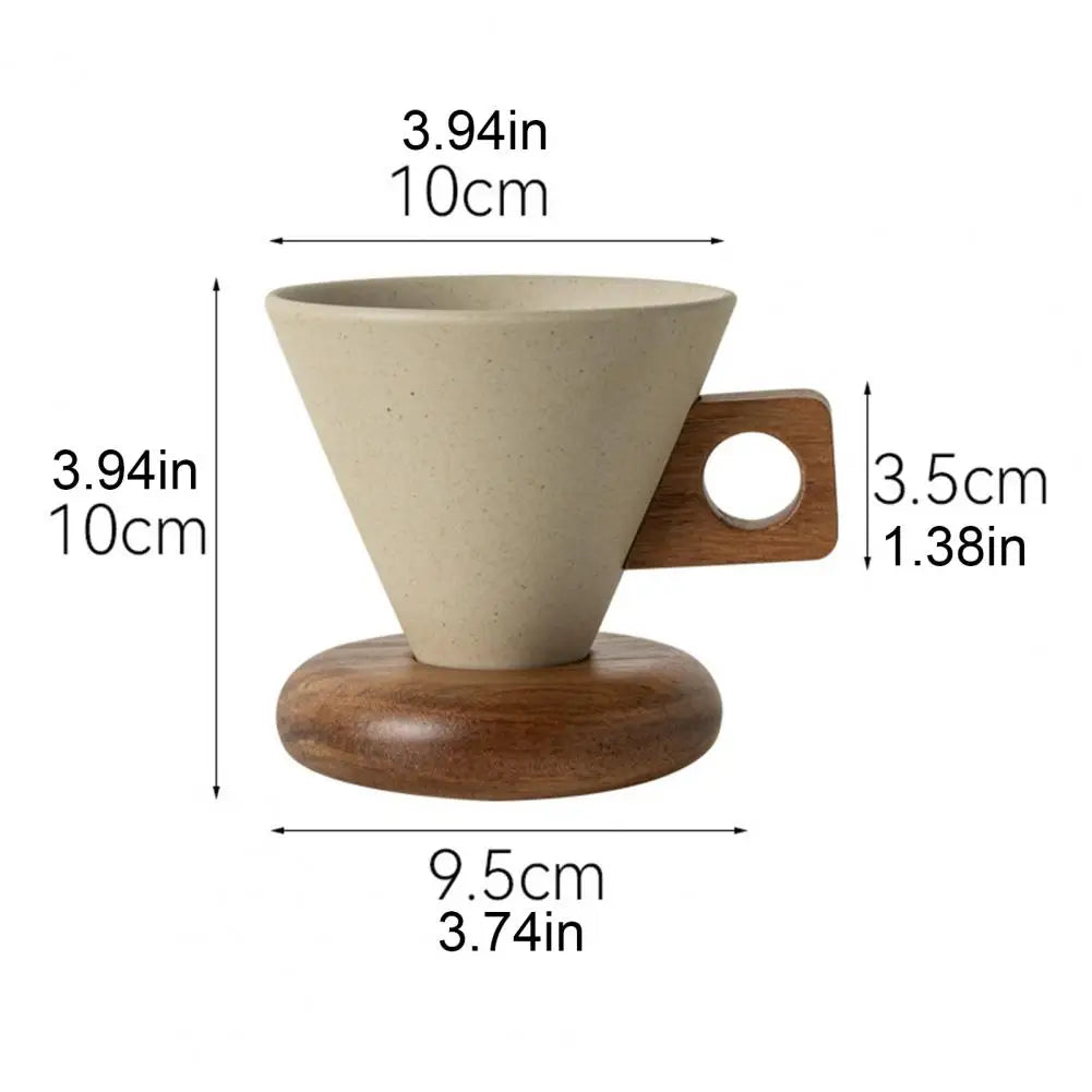 Dimension diagram of a conical ceramic mug showing 3.94in height, 3.94in width, and 3.74in saucer diameter