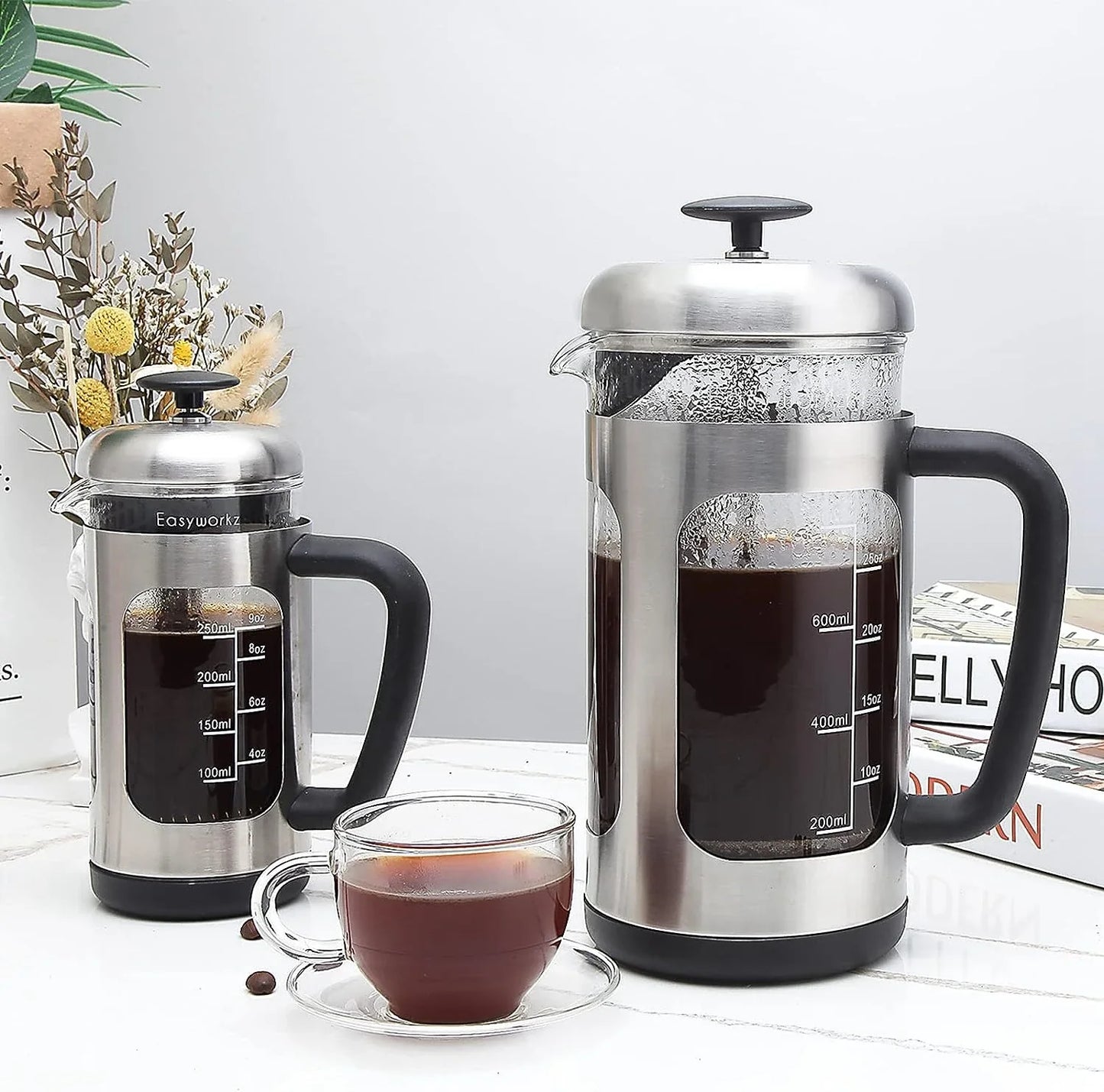 French press coffee maker borosilicate glass soft grip handle
