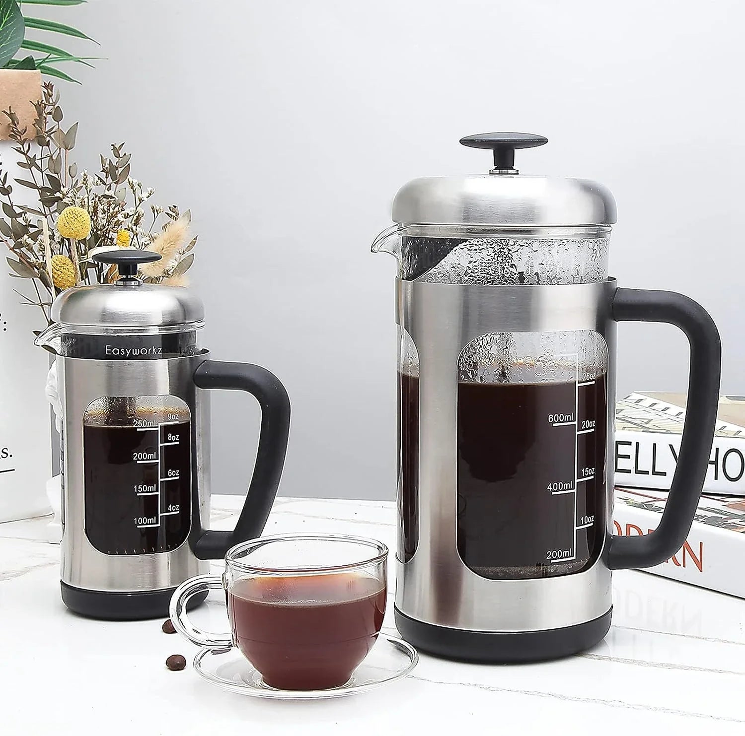 French press coffee maker borosilicate glass soft grip handle