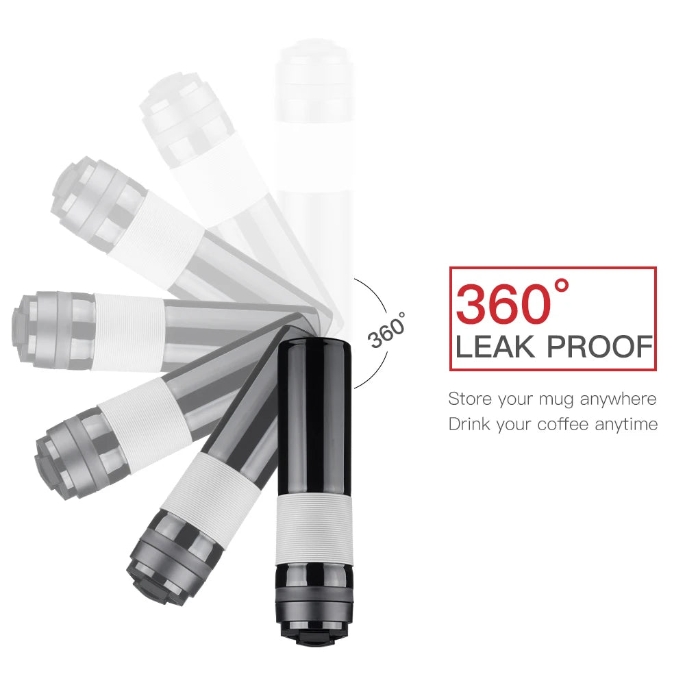 Leak-proof coffee mug with multiple attachment options on a white background
