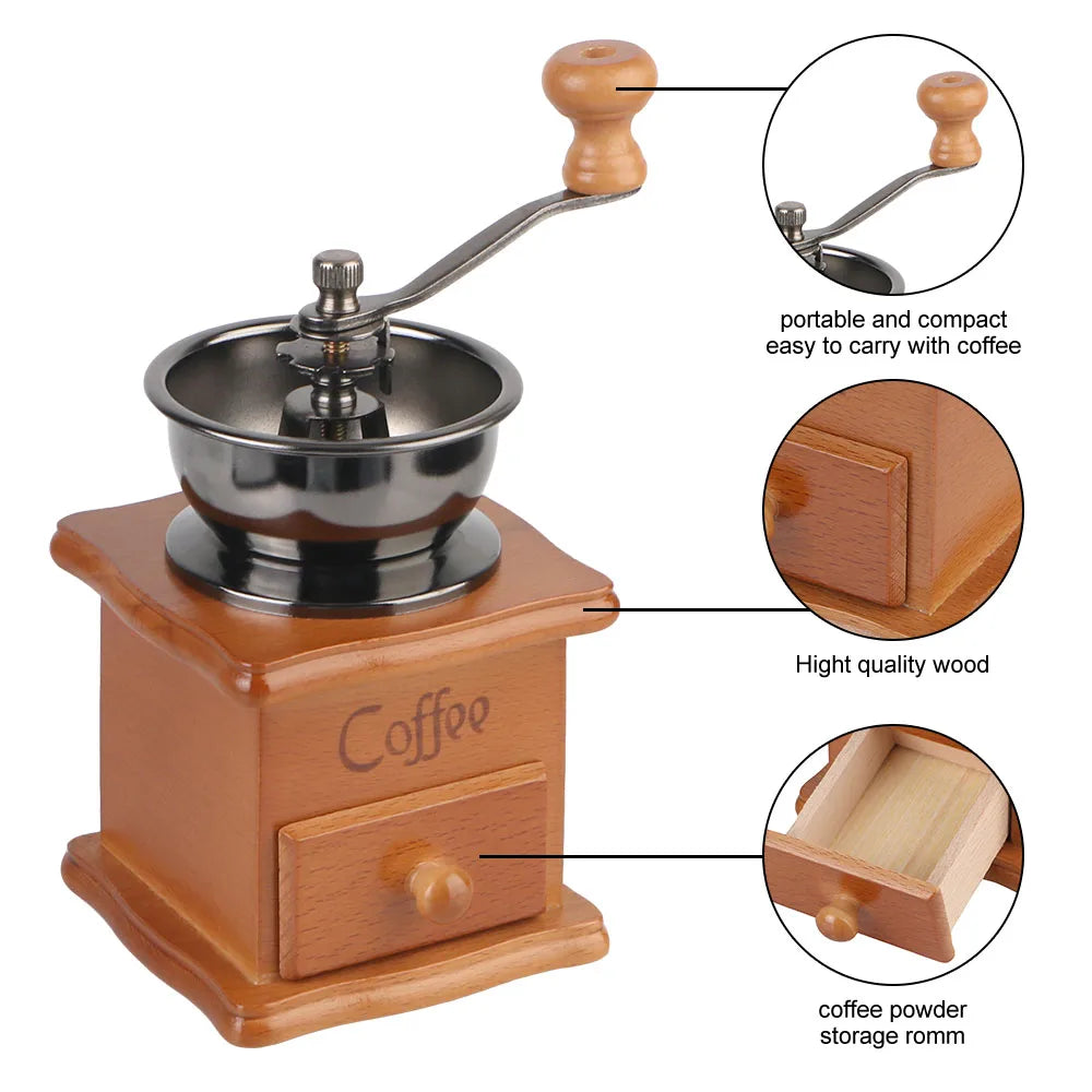 Retro Style With Ceramic Millston Spice Burr Mill Coffee Manual Coffee Bean Grinder Utensils Stainless Steel Handle Mini Wooden
