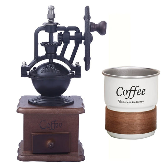Vintage-style coffee grinder and modern coffee cup on a white background