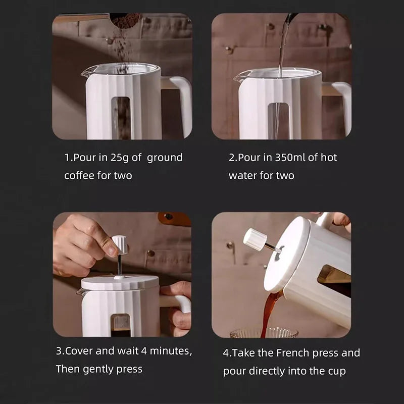 Step-by-step guide on how to use a French press with images and text instructions.