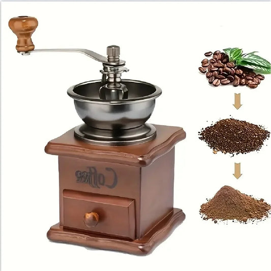A manual coffee grinder with a brown wooden body and crank handle, shown on a white background with small inset graphics of whole coffee beans, ground coffee, and brewed coffee.