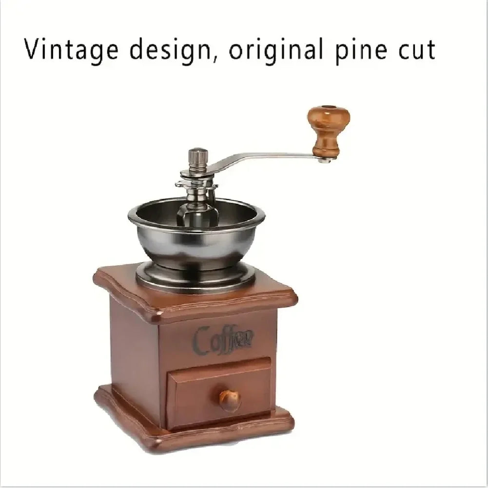 Vintage-style wooden coffee grinder with a metal bowl on a white background