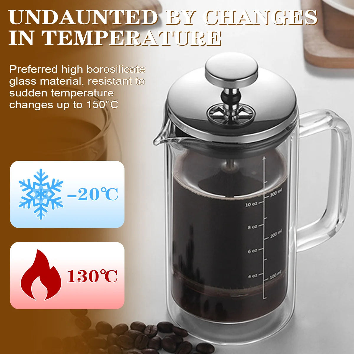 A clear glass French press coffee maker with a silver metal lid and plunger, filled with black coffee, shown on a light background with promotional text about temperature resistance and feature icons.