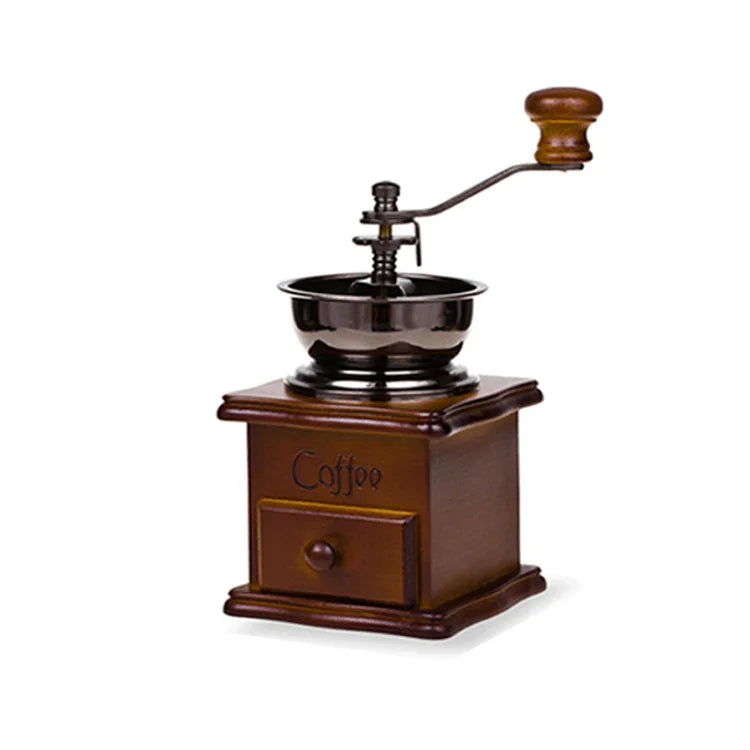 Wooden coffee grinder with a white background