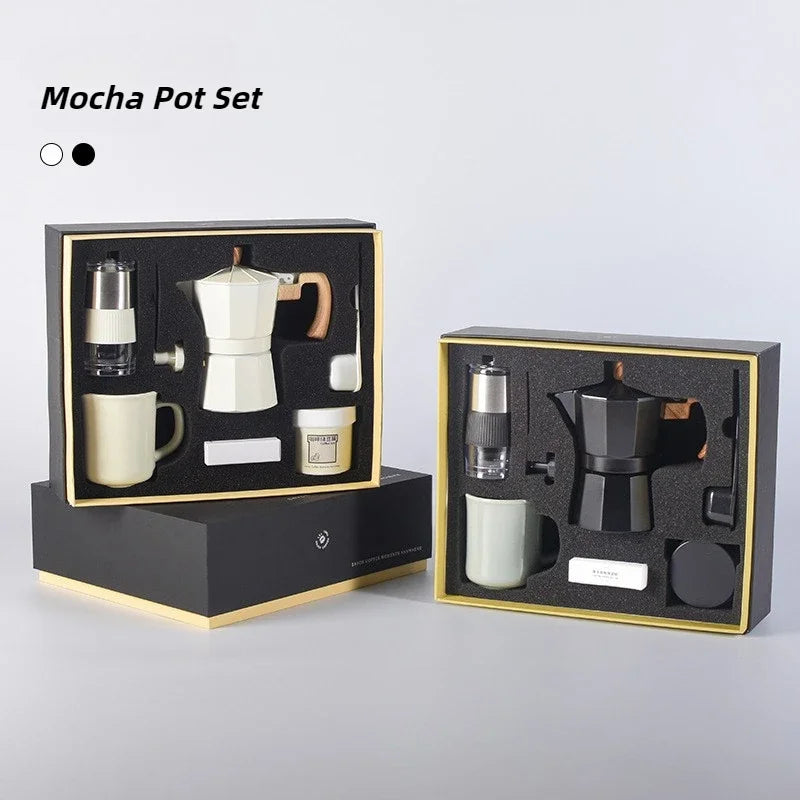 Mocha pot set with black set or  white set in gift packaging on a light gray background