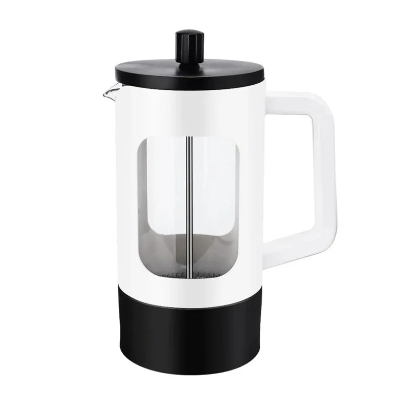 White French press coffee maker with black accents on a white background