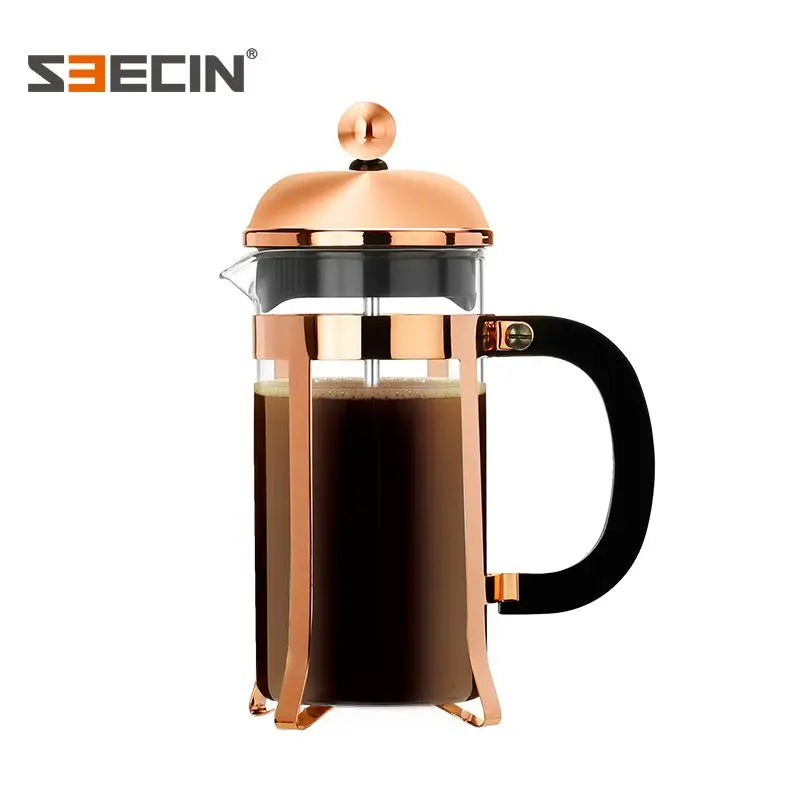 A SEECIN French press coffee maker with a copper-colored metal body and lid, a black handle, and a glass carafe filled with coffee, shown on a white background.
