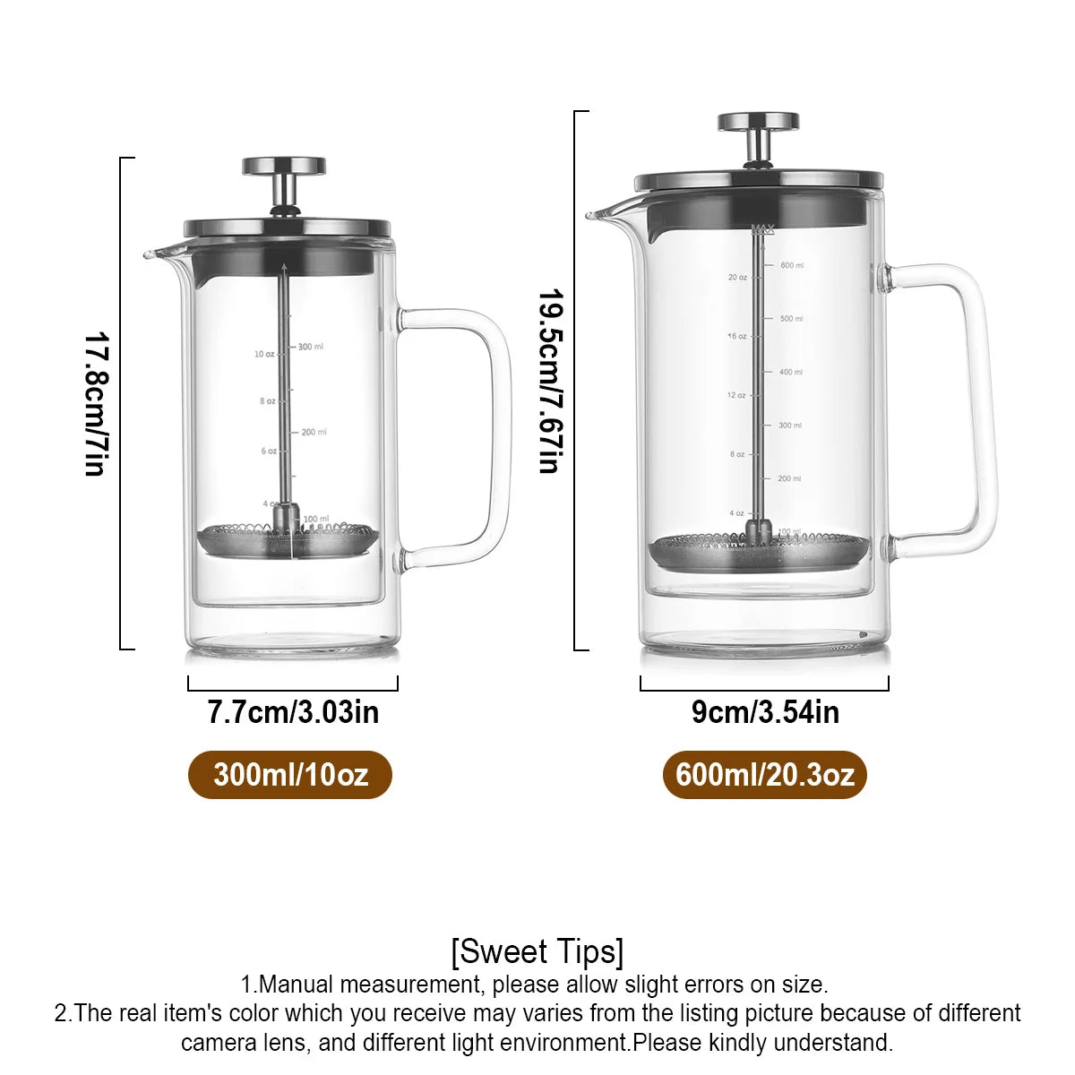 Two clear glass French press coffee makers with metal lids and infuser baskets, shown side by side with printed dimensions and capacity labels: one 300ml/10oz at 7.7cm/3.