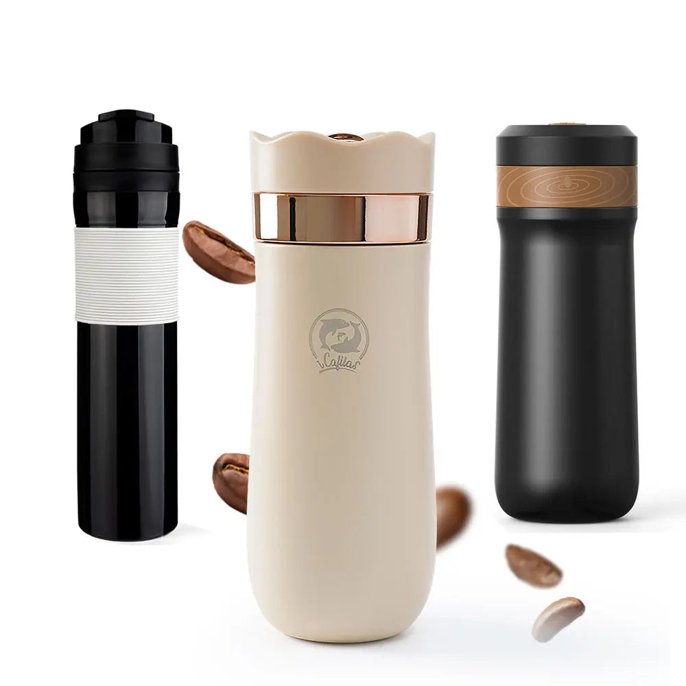 Three insulated travel french press mugs with different designs on a white background