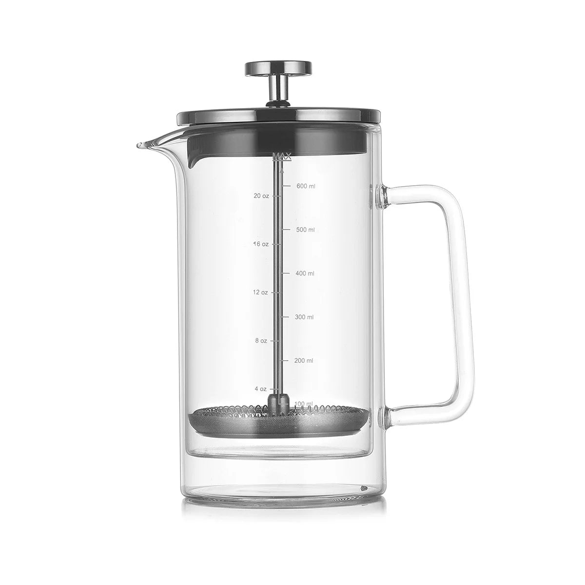 A clear glass French press coffee maker with a black metal lid, silver plunger, and white handle, shown on a solid white background.