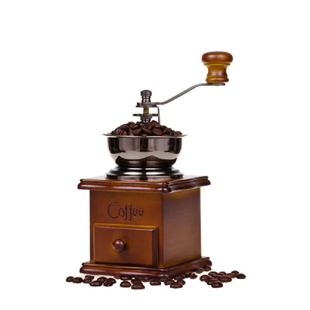 Wooden coffee grinder with coffee beans on a white background