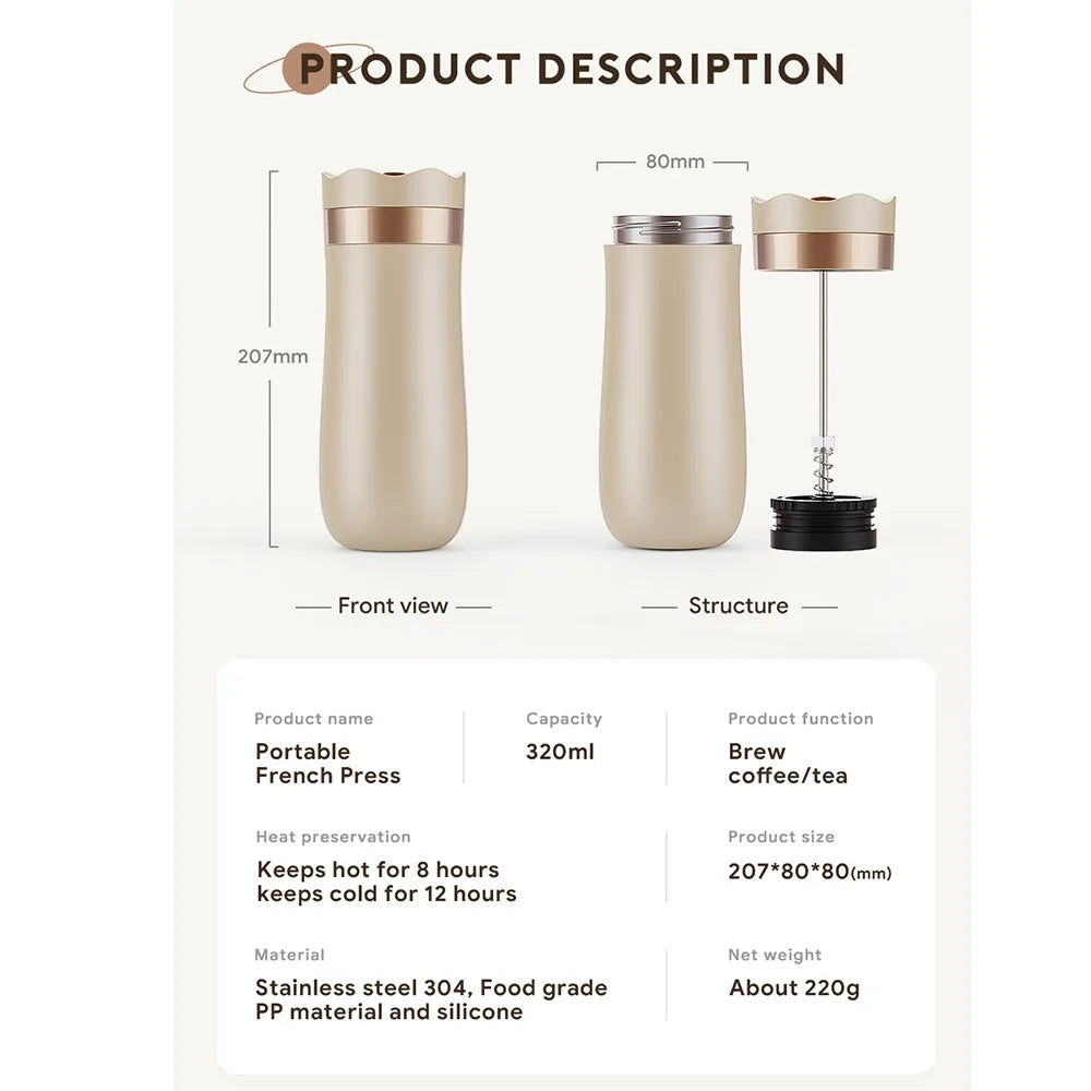 Portable French press with dimensions and features on a white background
