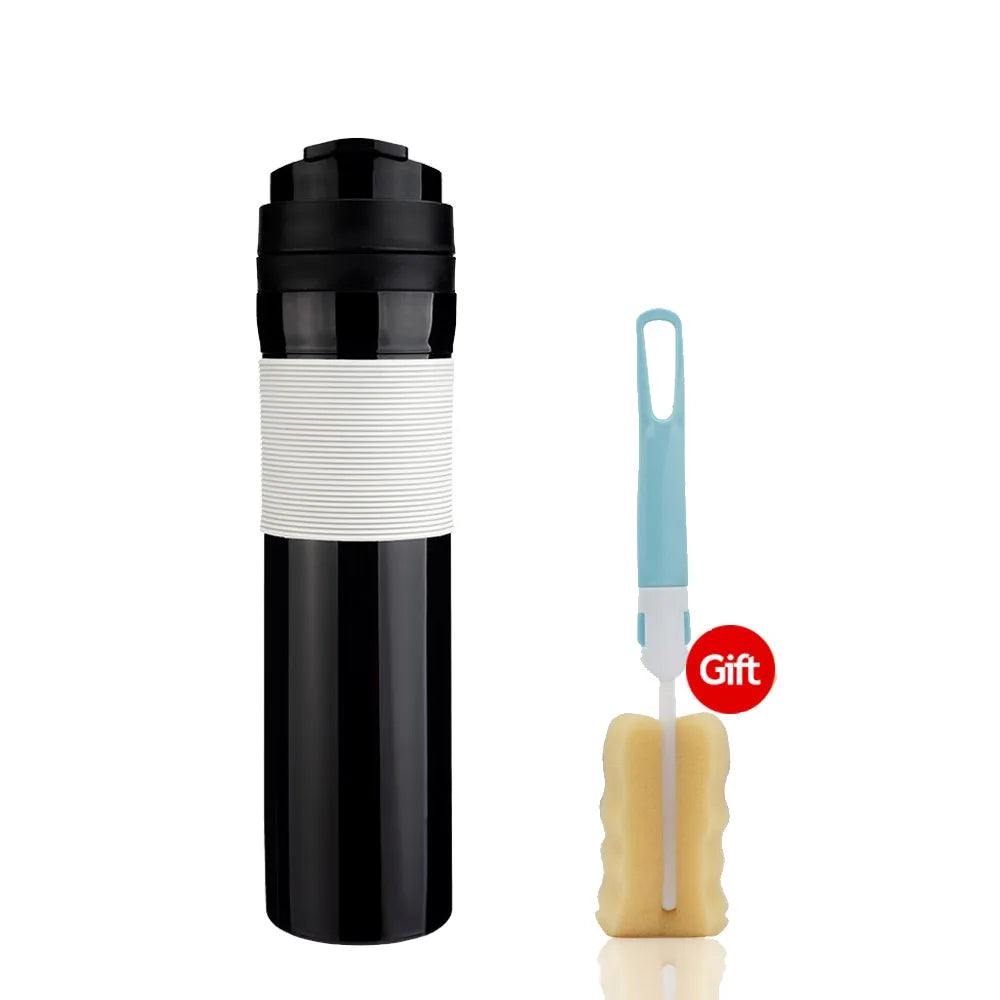 Black plastic travel french press mug with white striped pattern and a beige and blue cleaning brush on a white background.