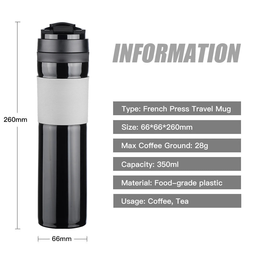 Black French press travel mug with specifications on a white background