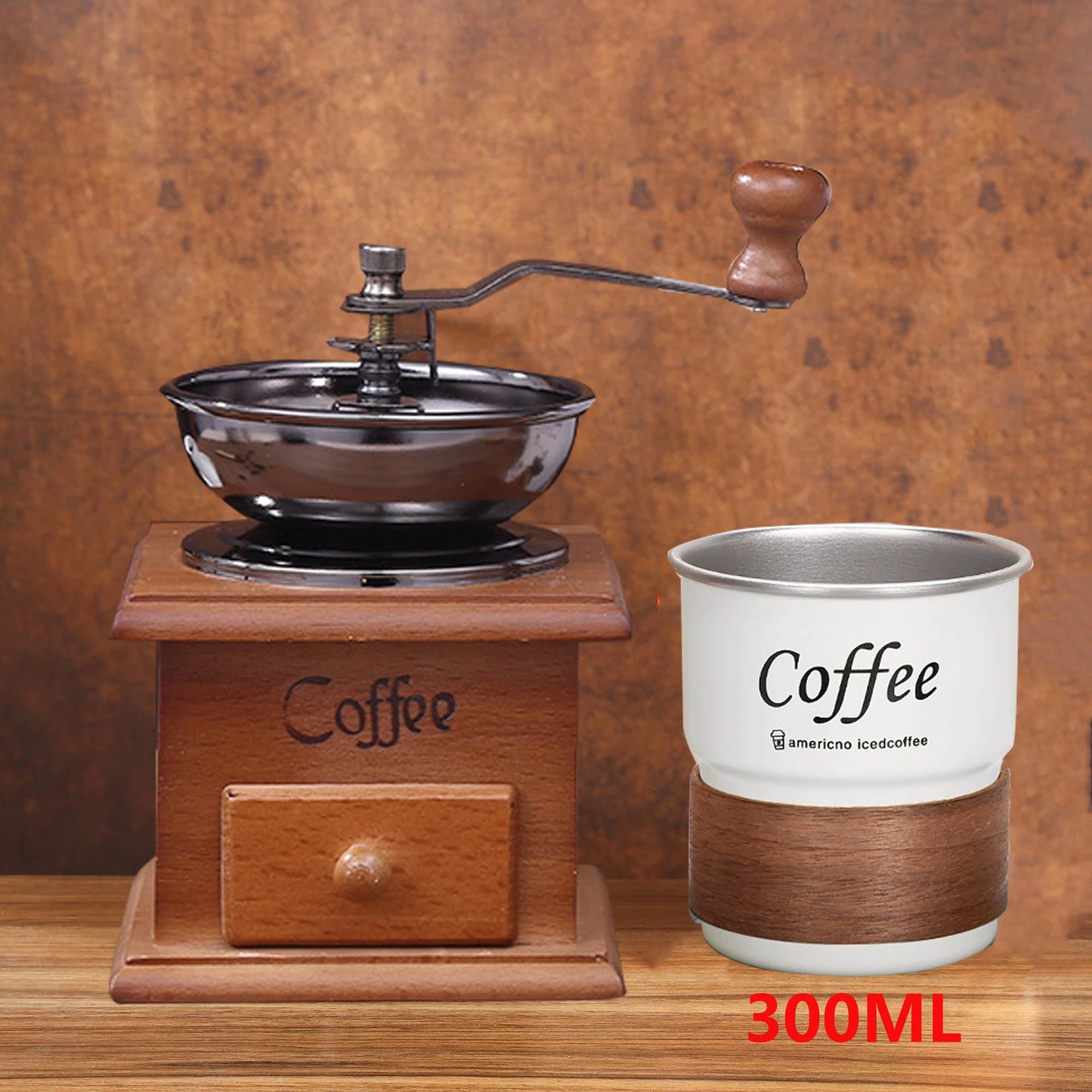 Wooden coffee grinder and a white mug with 'Coffee' text on a wooden background