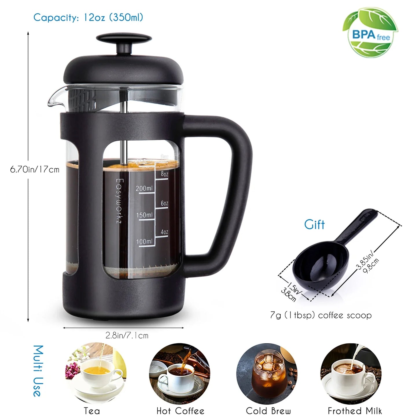 French press coffee maker borosilicate glass soft grip handle