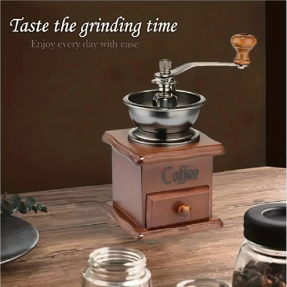 Wooden coffee grinder on a wooden surface with text 'Taste the grinding time. Enjoy every day with ease.'